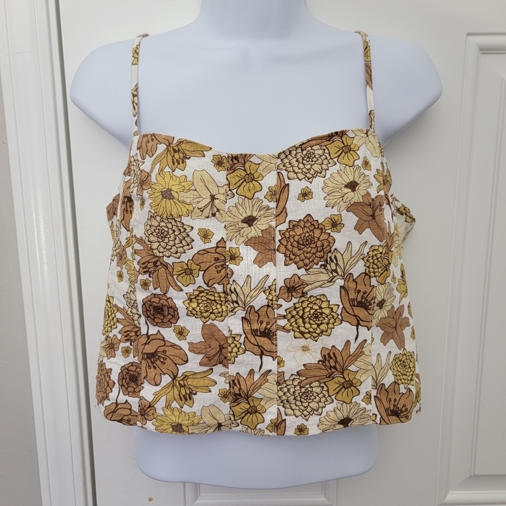 C&C California Linen Blend Crop Top Cream Tan Floral Sleeveless Smock Back Sz 10